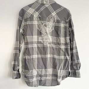 Harley Davidson Plaid Button Down w Patches Harley Made Me Do It Back Graphic M